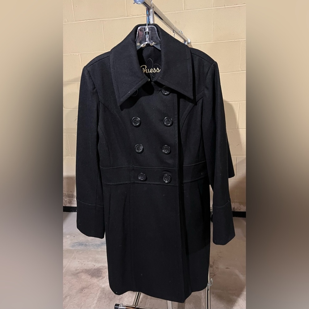 NWOT Guess Women's Classic Black Double-Breasted Pea Coat